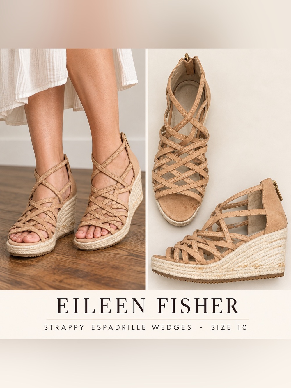 Eileen Fisher Tan Strappy Espadrille Wedge Sandals